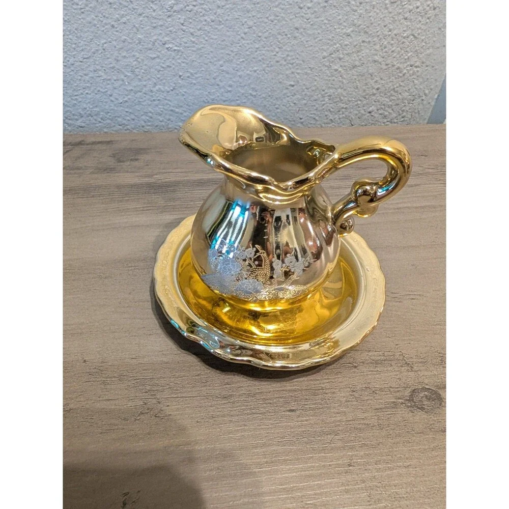 Vintage Made in Japan Gold Luster Peacock Pitcher Basin Bowl Set Floral Bird